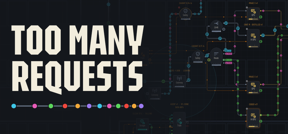 Too Many Requests: the title over a floor of routers, queues and GPU pools